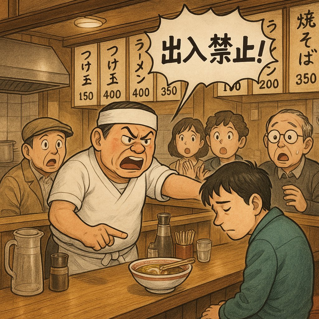 ◾️ラーメン昔話 〜とある実話体験〜◾️

『店主がイタい常連客の出禁を宣言する現場に遭遇』

とある地方に食べ歩きをしていたかなり前のお話

その店は明らかに地元に根付いたお店

お店は半分ぐらいの入りで、地元の常連さんと思わしきお客さんで賑わっていました