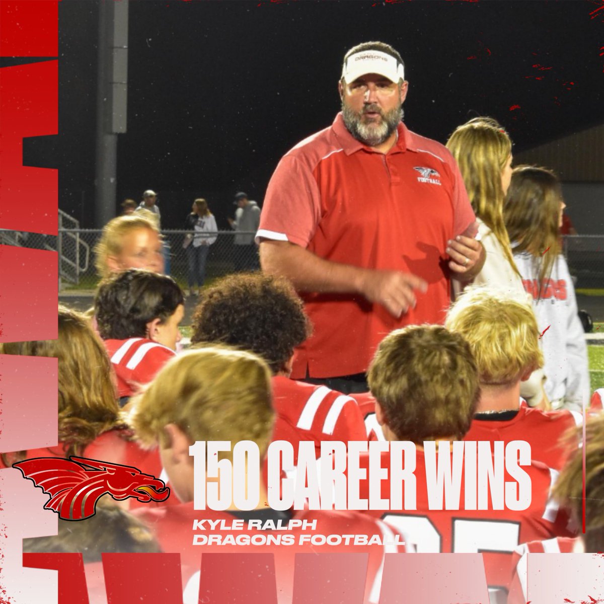 Congratulations to Dragons head football coach Kyle Ralph, who became the fastest coach in Indiana football history to reach 150 career wins in Friday's victory over Delta. We have a 150-14 record in Coach Ralph's 13 seasons. 

📸 Abby Allen