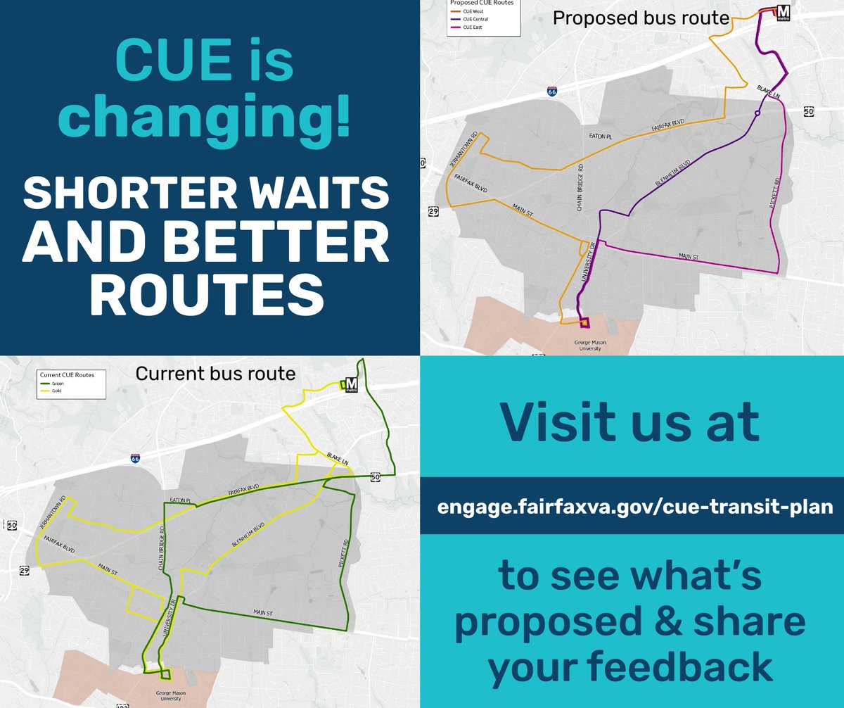<a href="/CityofFFXCUE/">City of Fairfax CUE</a> is changing! New routes are proposed with shorter waits. 

Review the proposed routes TODAY and share your feedback on Engage Fairfax: engage.fairfaxva.gov/cue-transit-pl… 
#CUEBus