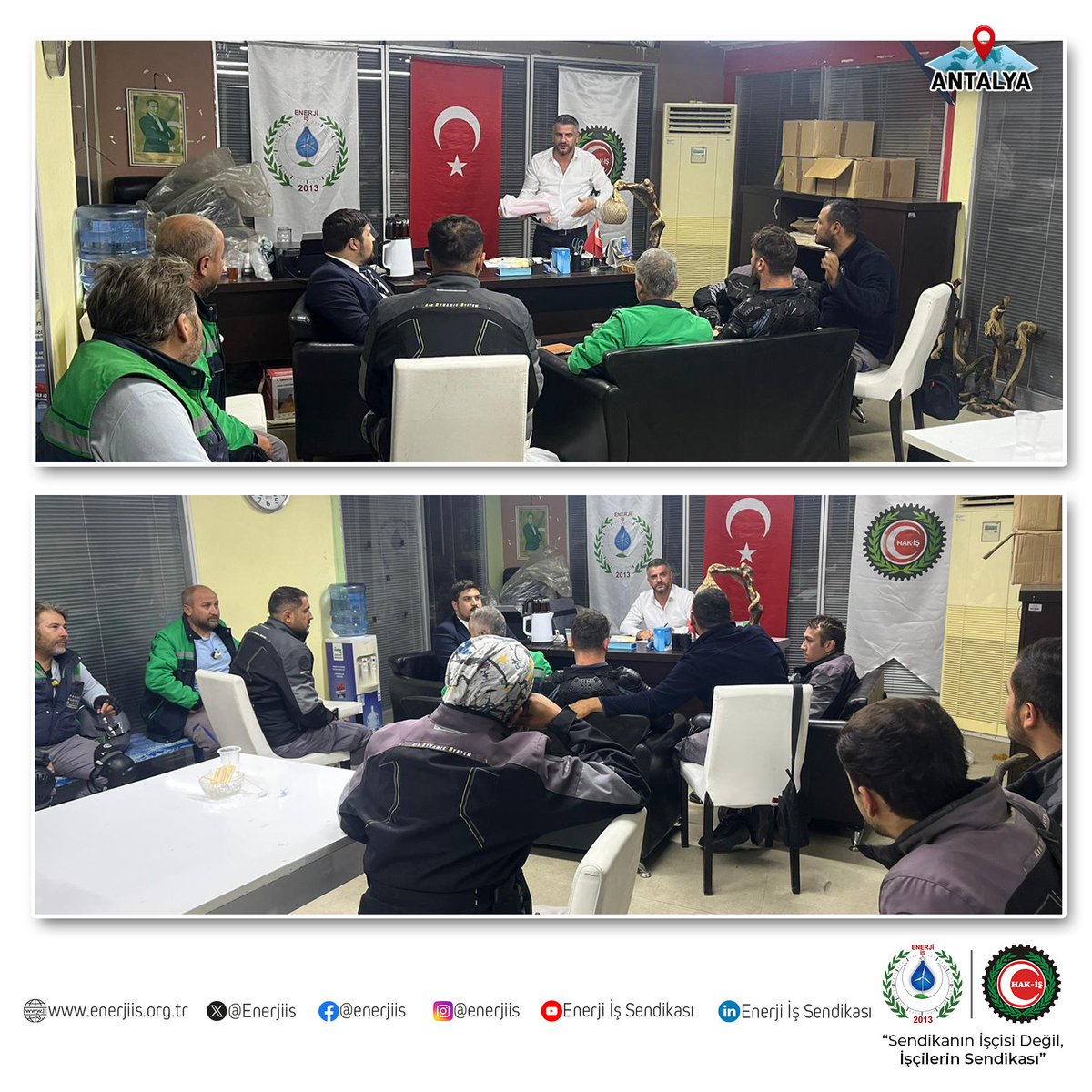 Sendikamızın Genel Merkez Teşkilatı tarafından Akdeniz Elektrik Dağıtım A.Ş. Antalya Merkez, Kepez, Muratpaşa ve Konyaaltı açma-kesme ekiplerine ziyarette bulunulup, değerli üyelerimize sendikal faaliyetler ve geleceğe yönelik planlar hakkında bilgilendirmeler yapıldı.

Akdeniz