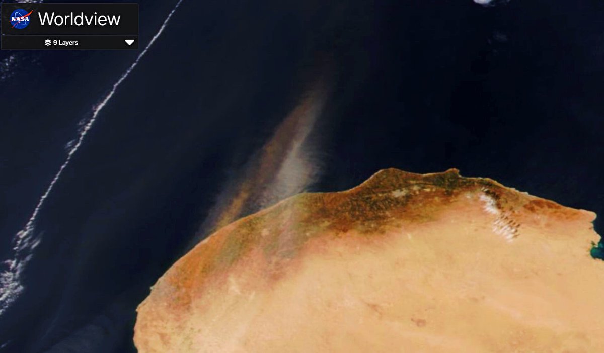 A rare dual-tone dust plume over #Libya: strong winds lifted soils from two distinct regions—darker, moisture-rich brown soils and lighter sandy terrain—merging them into a striking column of #dust extending over the Mediterranean Sea.🌊⚪️🟤

#NASA #NASAWorldview #DustStorm