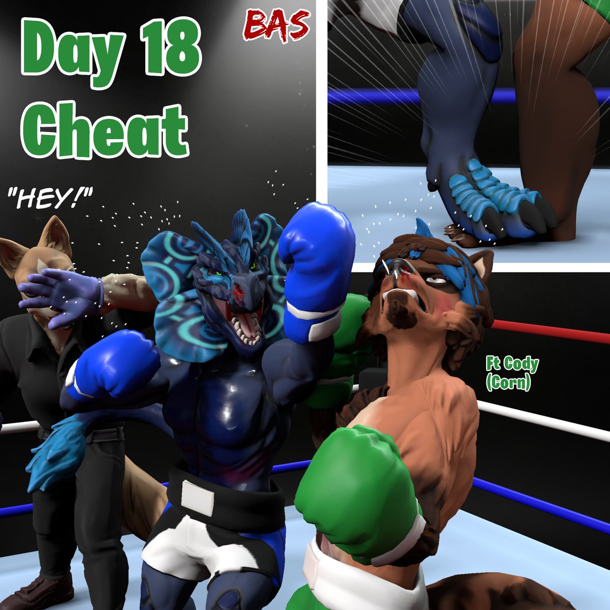 Fightober Day 18 - Cheat

Baraki: HEY! All that should be illegal! Ace did it on purpose!

Keiji: You know what they say: Ref don't see it, didn't happen.

B: WE GOT IT IN 4K THO!🦝💢

ft <a href="/cornwastaken/">🌽Corn🌽🦝🥊</a>'s Cody.

(Also yes, Ace is a JP/ARK style Dilophosaurus)
#Fightober2025 #FFF
