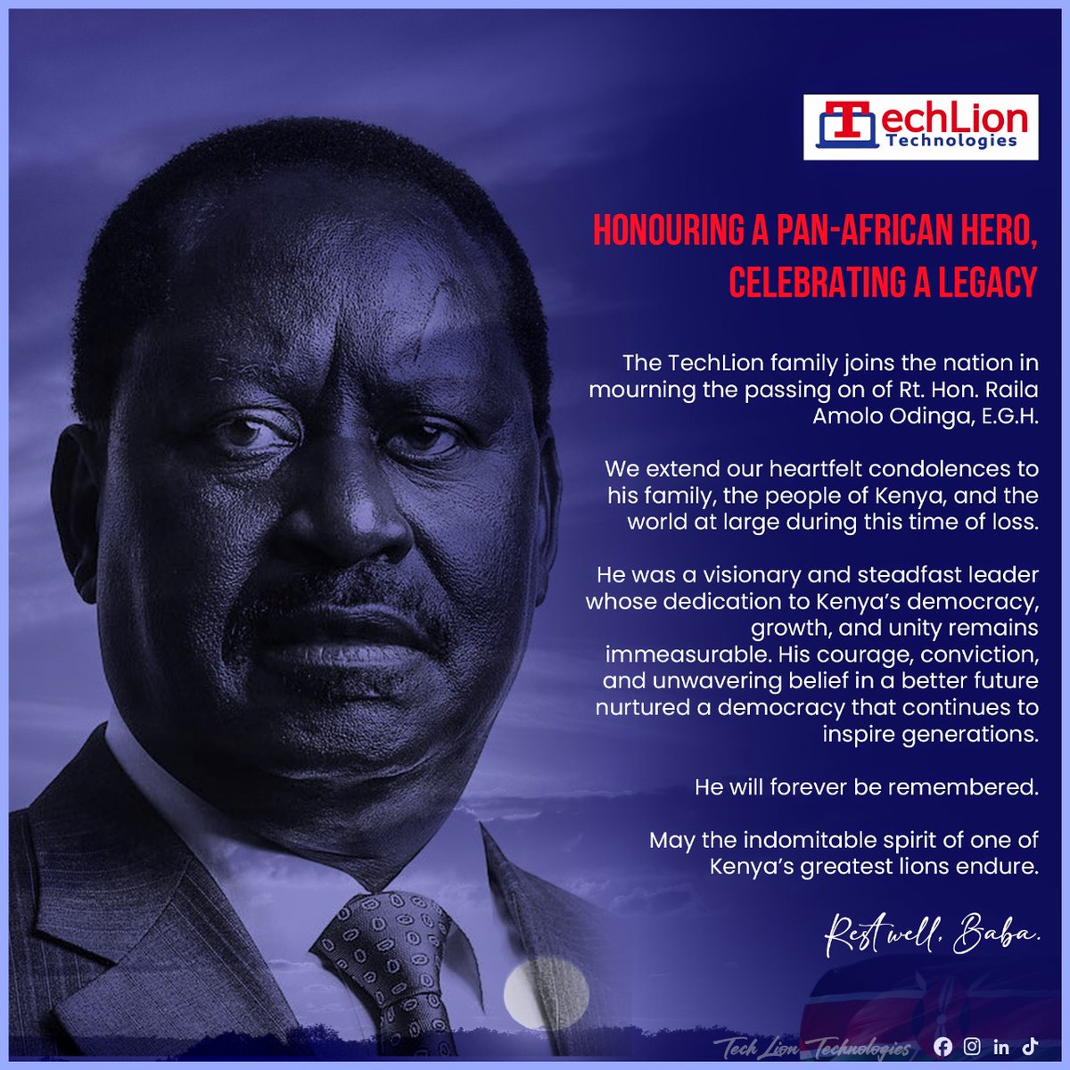 TechlionTech's tweet image. Honouring a Pan-African hero whose legacy of courage and vision will inspire generations

Rest well, Baba.

Rt. Hon. Raila Amolo Odinga, E.G.H.