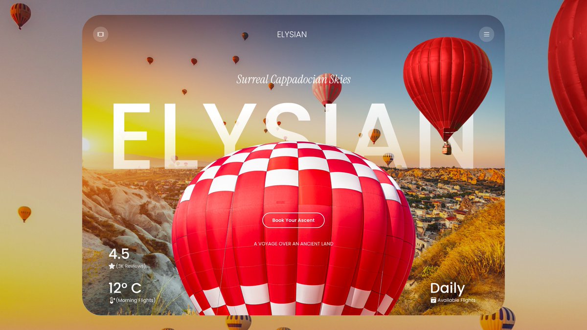 uxerarafat's tweet photo. Sharing my new UI concept, "Elysian."
The goal was to create a premium and immersive hero section for a Cappadocia balloon tour, balancing stunning visuals with a clean, actionable user interface.
#UI #uxerarafat #UXDesign #WebDesign #Figma #Design #designingforgrowth https://t.co/B9y490dQLj