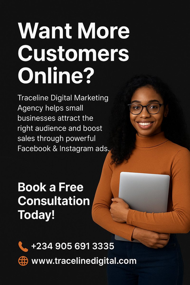 TracelineX's tweet photo. Want More Customers Online?
Traceline Digital Marketing Agency helps small businesses attract the right audience and boost sales through powerful Facebook &amp; Instagram ads.

💡 Book a Free Consultation Today!
📞 +234 905 691 3335 
 🌐 https://t.co/i2aieYkXpB

#DigitalMarketing https://t.co/VeZKhJpWsm