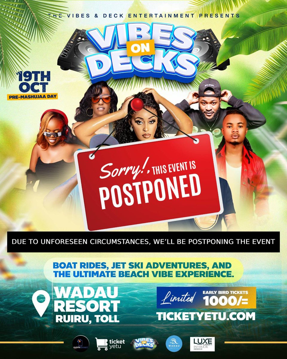 Event Update!!🚨
Due to unforeseen circumstances, the Vibes on Decks event has been postponed. We truly appreciate your understanding and continued support.

For ticket holders, your tickets remain valid for the new date. If you prefer a refund, you can request for one.