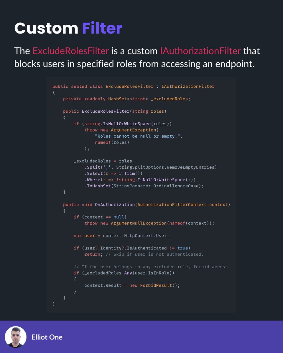 elliot1one's tweet image. Filters handle cross-cutting concerns like caching and authorization, only within the MVC pipeline.
Unlike middleware (runs on every request), filters run only for MVC actions.
You can apply them globally, per controller, or per action.
#dotnet #mvc #cleancode #webdevelopment