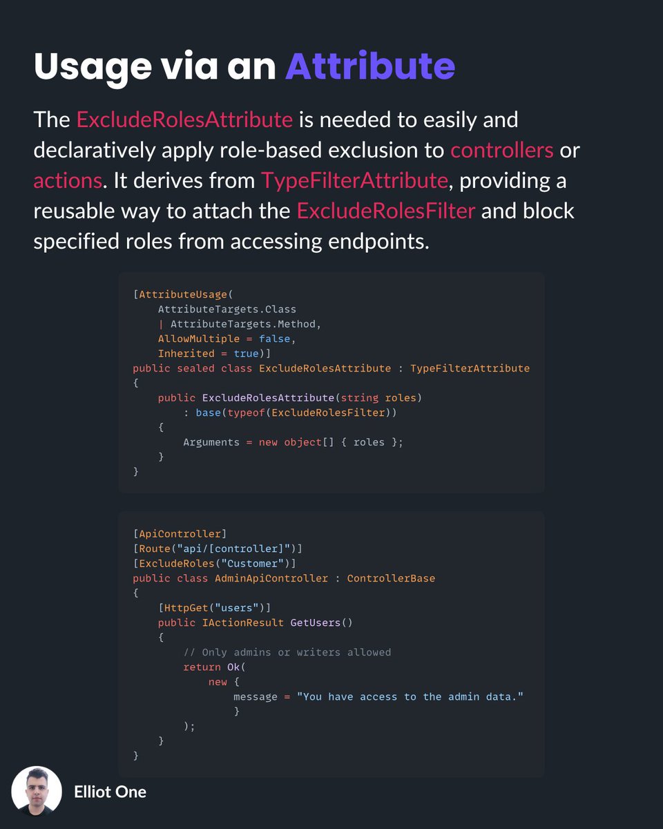 elliot1one's tweet image. Filters handle cross-cutting concerns like caching and authorization, only within the MVC pipeline.
Unlike middleware (runs on every request), filters run only for MVC actions.
You can apply them globally, per controller, or per action.
#dotnet #mvc #cleancode #webdevelopment