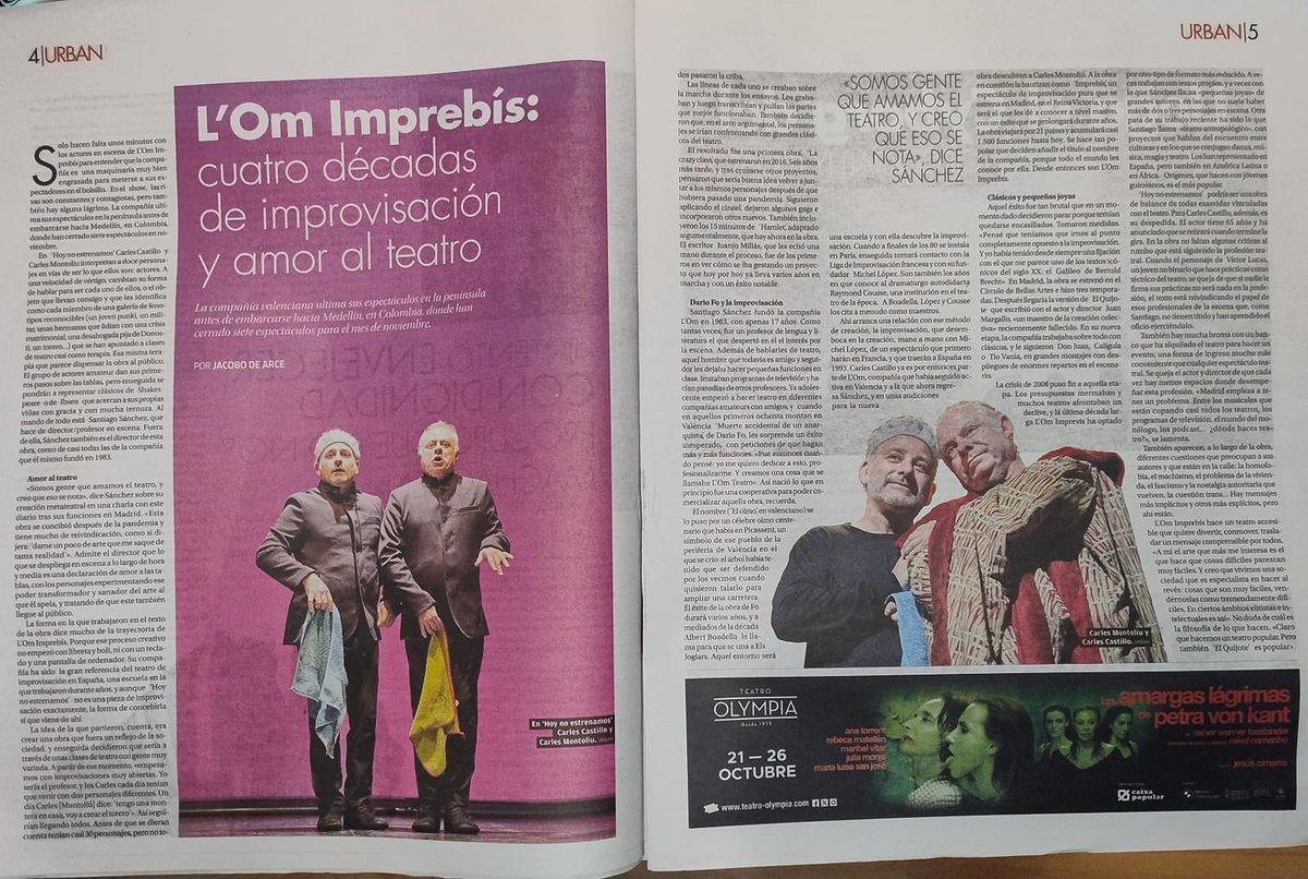 IMPREBIS's tweet photo. @IMPREBIS con más de 4️⃣0️⃣ años de profesión, responsable de montajes tan emblemáticos como 'Imprebís' y 'El Quijote' llevarán a Colombia la premiada obra 'Hoy no estrenamos' con siete funciones en el Festival Internacional de Teatro y Música de San Ignacio de Medellín 🎭 https://t.co/wLEpMAd1hv