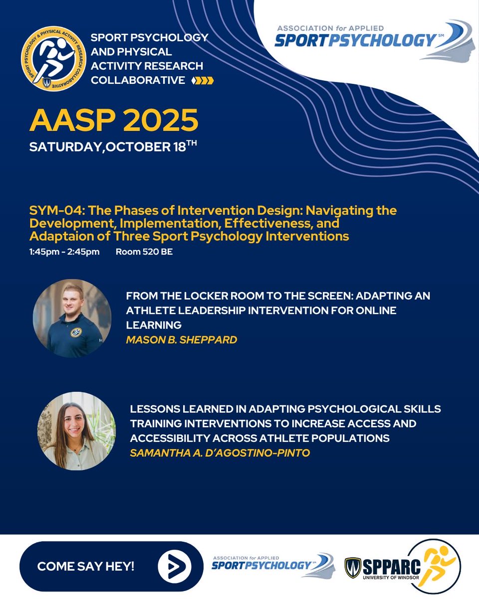 SPPARC_UWindsor's tweet image. Come check out our symposium at @AASPTweets today! Mason and Sam will discuss various phases of intervention design! @mason_sheppard3 @dagostino_sam @uwinkinesiology @KristaJChandler @ToddLoughead