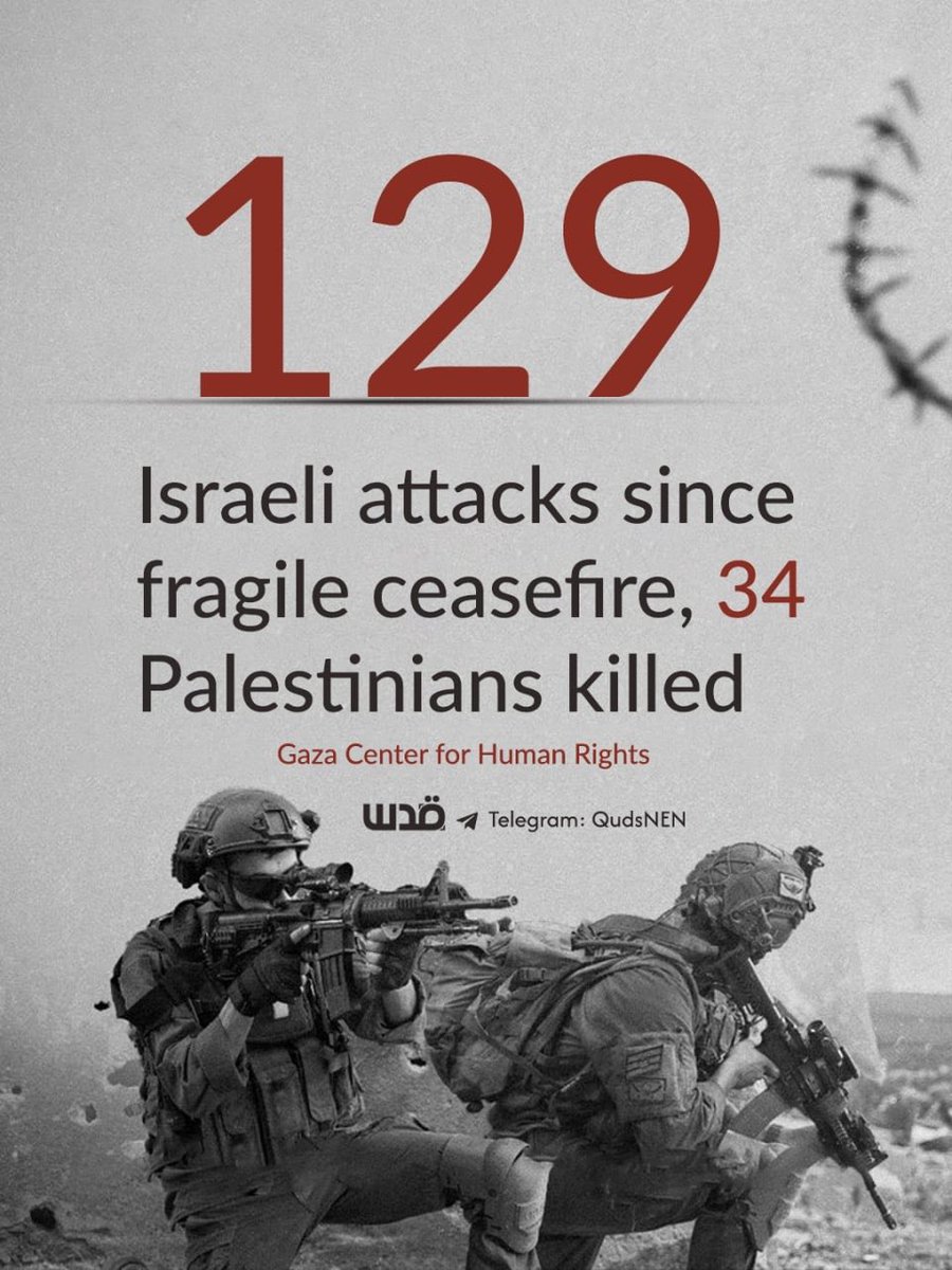 Since the fragile ceasefire agreement took effect eight days ago, Israeli forces have launched at least 129 attacks across the Gaza Strip, resulting in the murder of 34 Palestinians. On Tuesday, seven Palestinians were killed in separate incidents. In Gaza City’s eastern