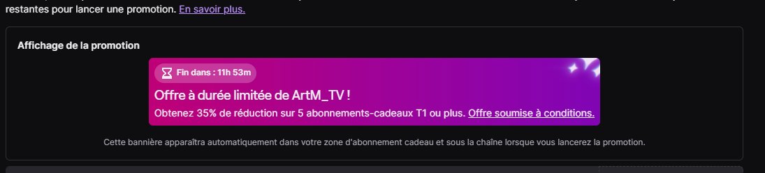 ArtM_Officiel's tweet image. C'est l'heure d'offrir des subs ! 🙌

Pendant 12h, pour 5 subs offerts vous avez 35% de réduction ! 🔥