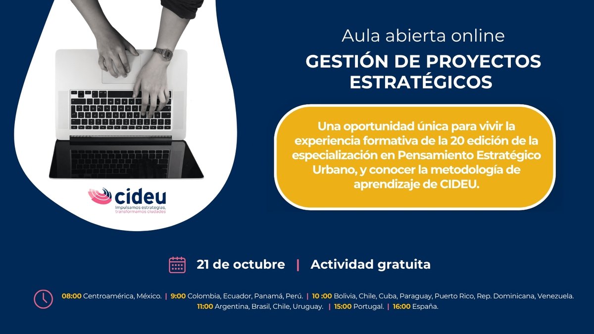 🚨 Últimos días para sumarte a la Aula Abierta de CIDEU. Una oportunidad única para vivir desde dentro nuestra metodología de formación estratégica.

🌍 Participa en una clase real de la Especialización en Pensamiento Estratégico Urbano y descubre cómo aplicamos, desde CIDEU, una