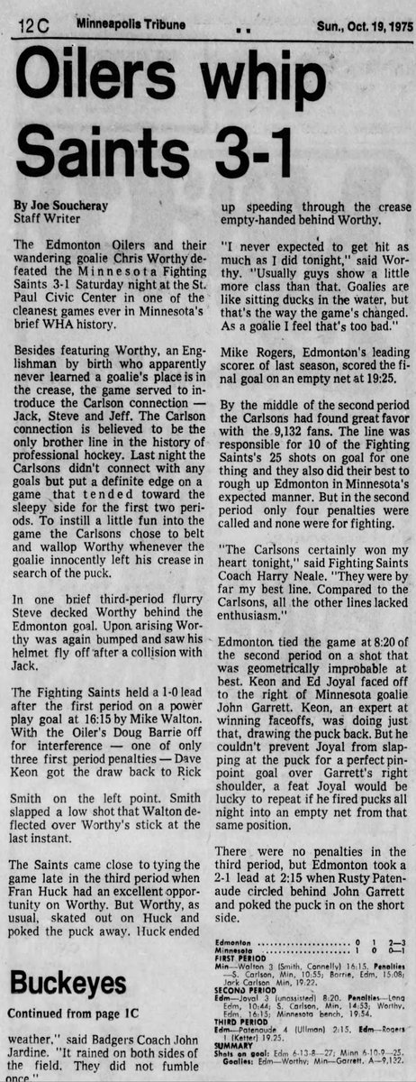 Fun Fact: #OTD in 1975 the "Carlson Connection" debuts for the Fighting Saints in a 3-1 loss to the Edmonton Oilers at the Civic Center. It was only the 2nd time in Major pro hockey history 3 brothers played on a line together. #MNwild #ASlapShotInTime newspapers.com/article/star-t…