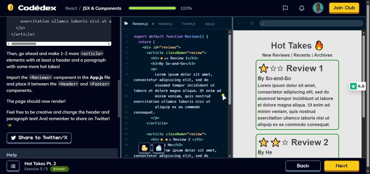 Geokobby_'s tweet image. Hot Takes Pt 2 🔥 #CodedexHotTakes @codedex_io
Practising React.js has been fun with Codédex
This is a sample of how components work and how they make building easy.