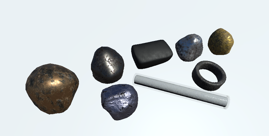 My showcase of raw materials I've made so far. Copper,  iron, rubber, aluminum, gold, lead, plastic, plutonium. May need to do some color adjustments for readability. 

#gamedev #indiegame #indiedev #madewithunity