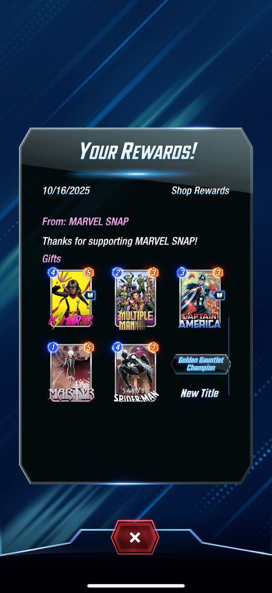Coougarrr (@coougarrr_) on Twitter photo Rewards are in from the <a href="/MARVELSNAP/">MARVEL SNAP</a> Golden Gauntlet 3rd Words Qualifier.
These are the spoils for finishing first on the day, quite generous if you ask me!
I look forward to participating in worlds on the 8th next month.
—- also, catch me live on twitch sometime this evening. Rewards are in from the <a href="/MARVELSNAP/">MARVEL SNAP</a> Golden Gauntlet 3rd Words Qualifier.
These are the spoils for finishing first on the day, quite generous if you ask me!
I look forward to participating in worlds on the 8th next month.
—- also, catch me live on twitch sometime this evening.