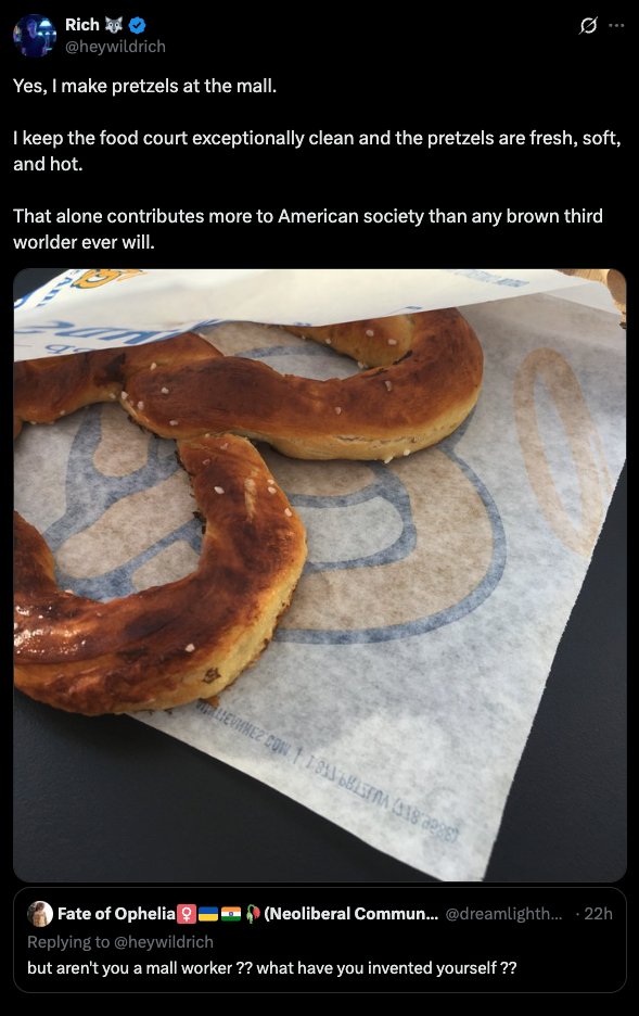 He probably thinks he would be The CEO of Google without H1B.

White supramacists believe that they are genetically superior.

That's why they are incapable of handle the fact that they're making pretzels at a mall, 

While Indians are Taking over the Tech industry.😅🤡