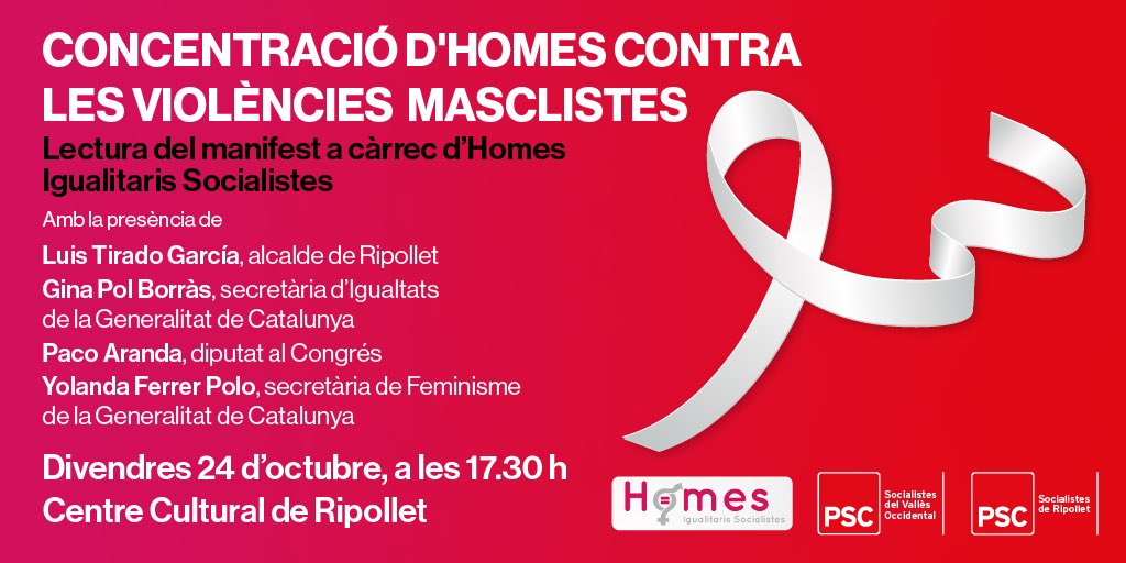 El proper divendres 24 d’octubre, en commemoració del Dia Internacional dels Homes contra les Violències Masclistes, us convoquem a una concentració al Centre Cultural de Ripollet, a les 17.30 hores.