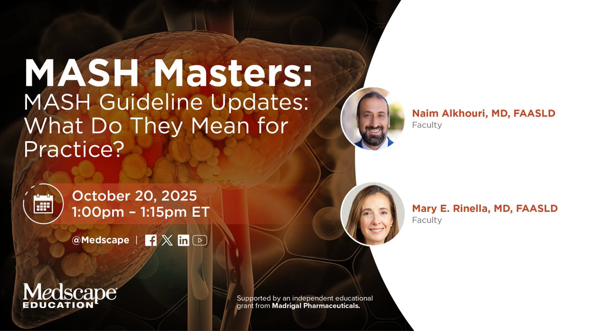 Medscape Nurses (@medscapenurses) on Twitter photo Join us LIVE tomorrow! โก๏ธ youtube.com/watch?v=u1Mlehโฆ 
How will the latest MASH guidelines impact your clinical decision-making? Get clarity and expert perspective in our upcoming live event. Drs. Alkhouri and Rinella will discuss practical applications and encourage an exchange of Join us LIVE tomorrow! โก๏ธ youtube.com/watch?v=u1Mlehโฆ 
How will the latest MASH guidelines impact your clinical decision-making? Get clarity and expert perspective in our upcoming live event. Drs. Alkhouri and Rinella will discuss practical applications and encourage an exchange of