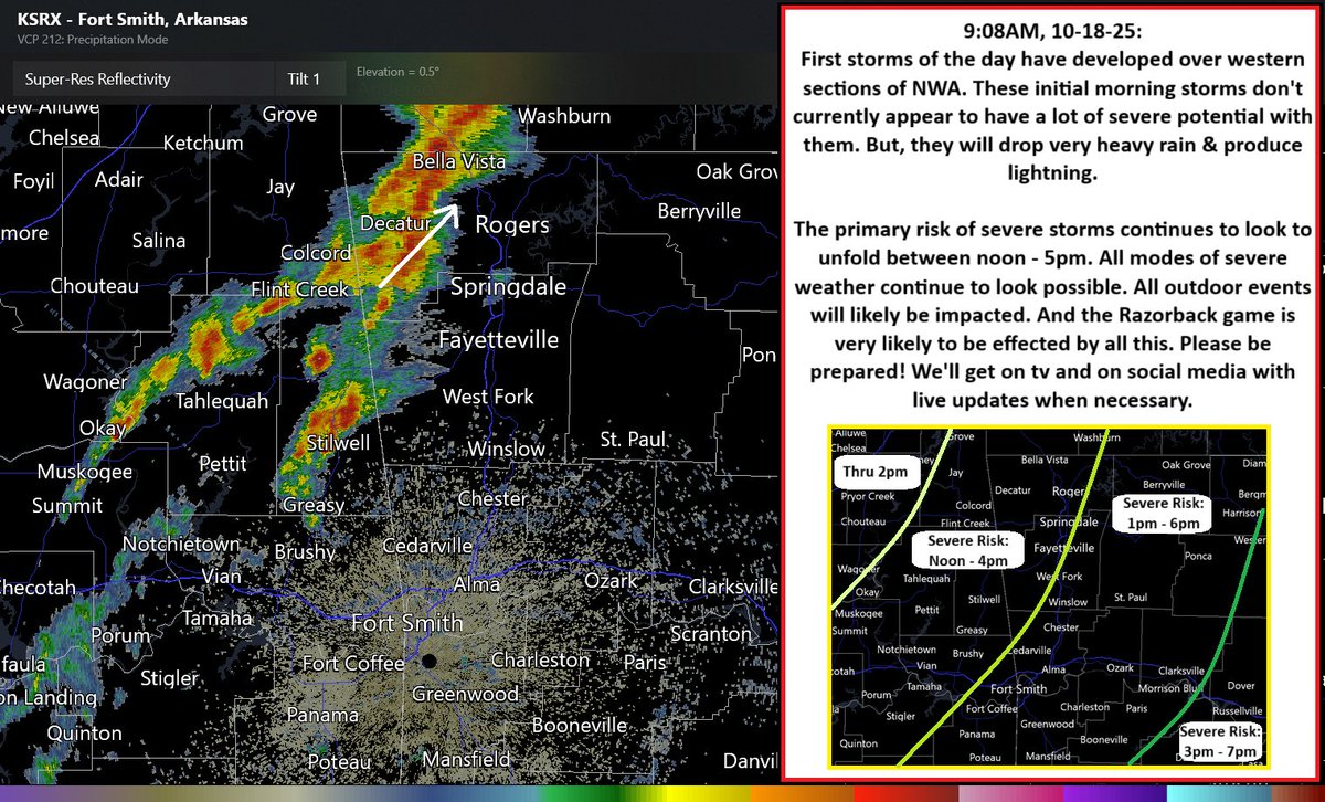 9:30am UPDATE:
Initial storms in parts of NWA this morning are not expected to be severe.

But, we continue to expect more widespread development this afternoon across all of NWA &amp; the River Valley. Severe storms will be possible. LOTS more detail in image below ...
#arwx #okwx