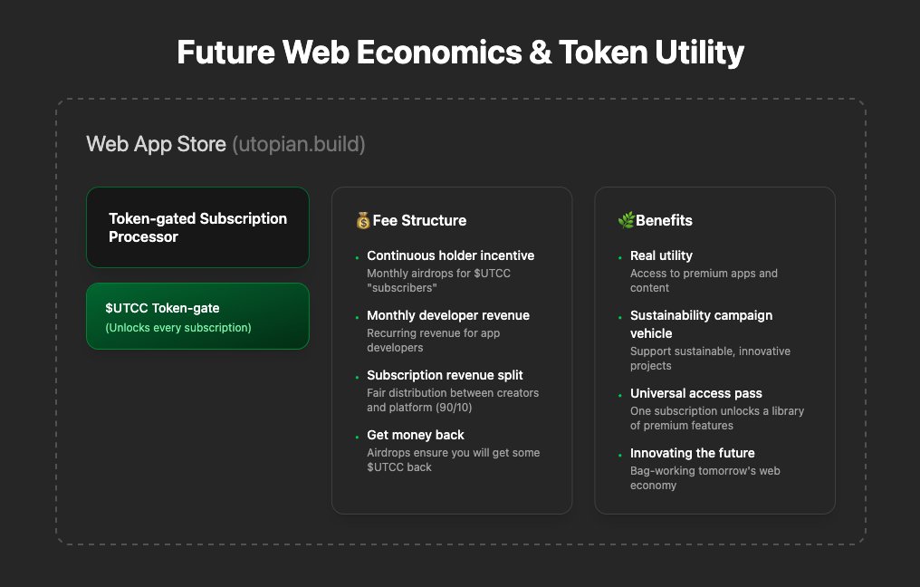 Our website now explains our token utility

We will build an App Store to push sustainable and innovative app development

Through this App Store, developers will be able to take part in a one-for-all subscription using UTCC

When a developer sells a subscription -&gt; 90% go to
