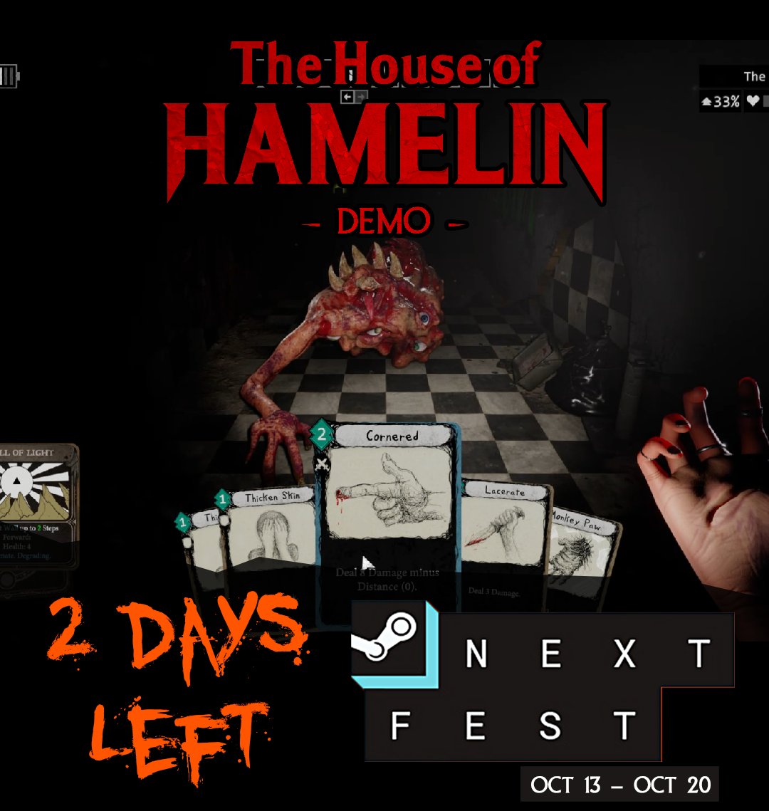 2 DAYS LEFT to check out The House of Hamelin demo! 

If you played and liked it, consider leaving a review and wishlisting the game ♥ it helps us out a lot! store.steampowered.com/app/4044040/Th…