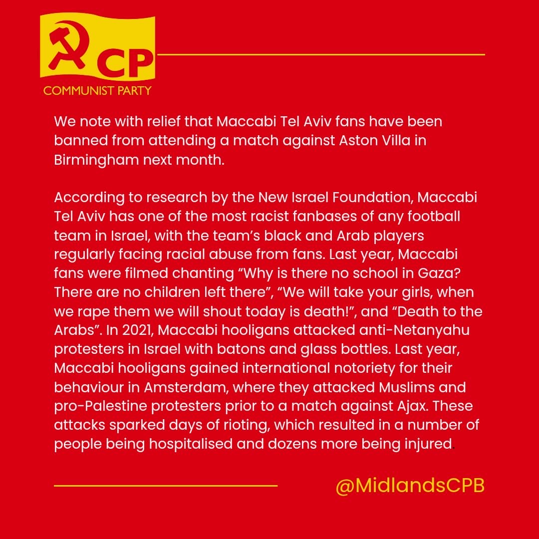 BrumYCL's tweet photo. Birmingham Communists say: Keep Birmingham safe from Maccabi violence!
#maccabitelaviv #maccabi #astonvilla #avfc #villa #aston #birmingham #israel #palestine #britain #safety #antiracism #freepalestine https://t.co/7JES4xlX1s