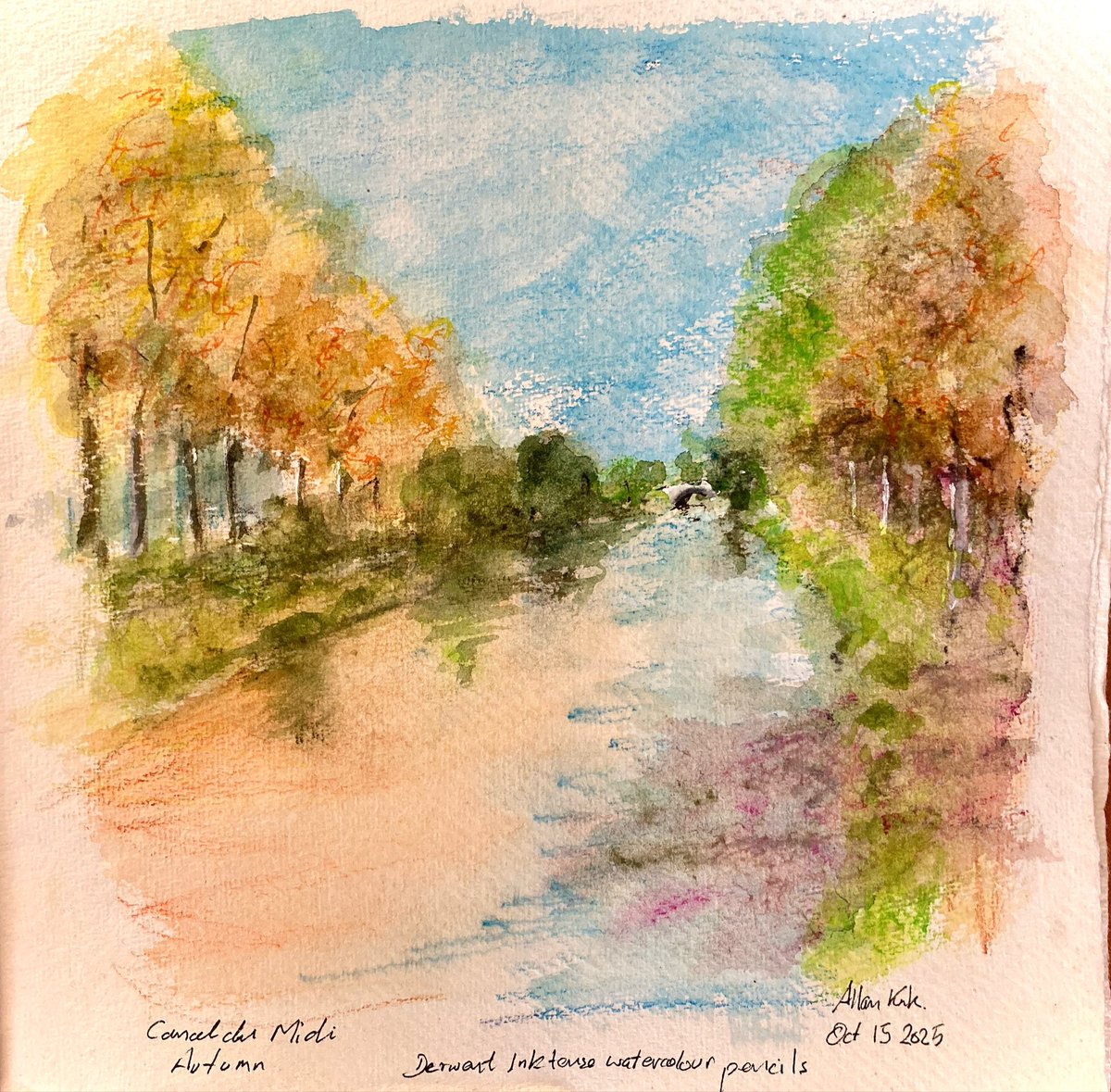 Canal du Midi Autumn - Derwent  Inktense watercolour pencils  and Pentel waterbrush on Khadi paper.