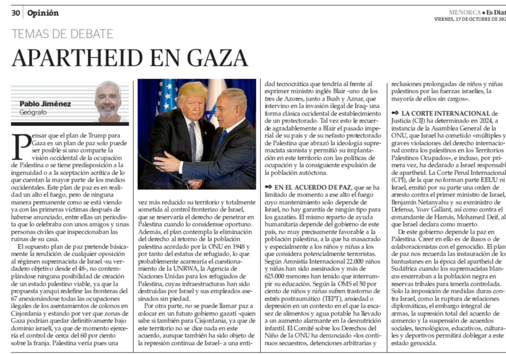 La pau no és possible si la vigilància del procés per aconseguir-la depen dels genocides. Article del nostre company <a href="/pjimfer/">pablo jimenez</a> ahir al <a href="/esdiarimenorca/">menorca.info</a>