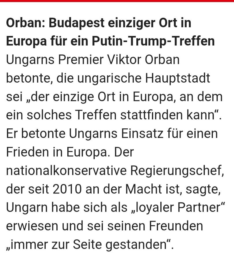 Der Kreml-Freund Orban bietet Budapest für d. Putin-Trump Gespräch an. Er meint, die Handschellen könnten f. Putin nicht klicken, weil Ungarn aus d. IStGH-Vertrag ausgestiegen ist. Austrittszeit läuft! 
Und Budapest ist nicht die einzige Stadt f. Treffpunkt -  Weißrussland?