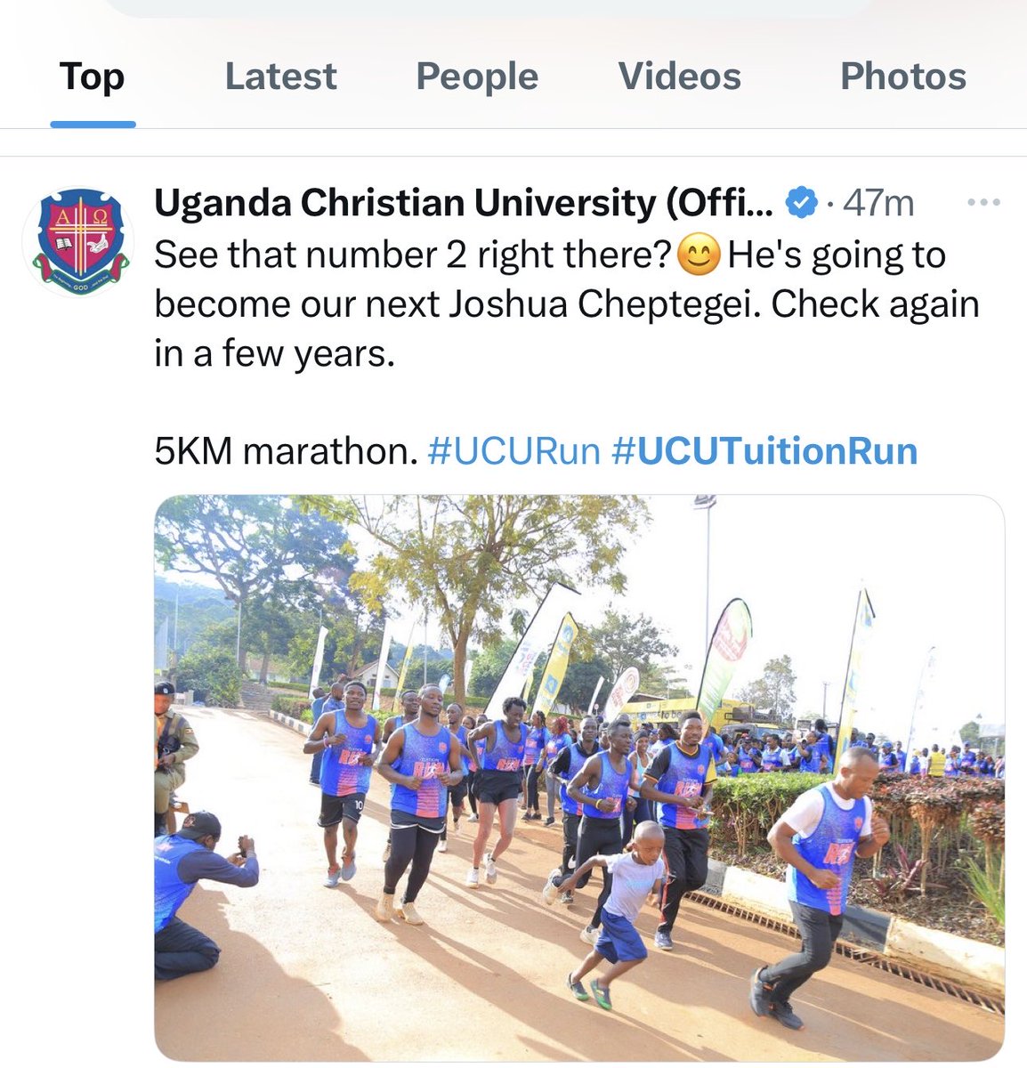 It didn’t matter whether this child had a kit or not, he had a reason to run, he showed up and finished a 5km’s race. Leaders are born &amp; they don’t fear risks. Bravo! #UCUTuitionRun #UCURun
