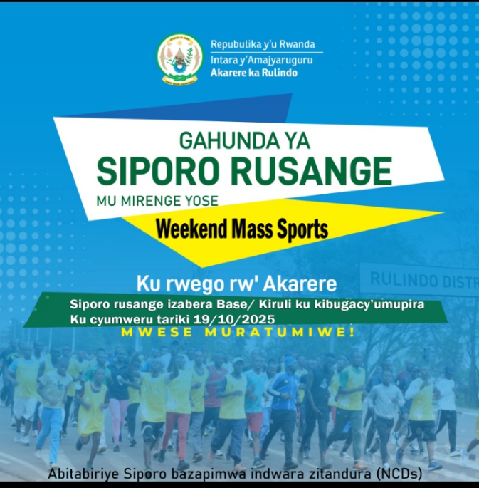 rulindodistrict's tweet photo. Baturage ba #Rulindo turabibutsa ko ejo ku cyumweru hazakorwa siporo rusange,hazabaho gupima indwara zitandura n'ubujyanama mu kwirinda izi ndwara. muratumiwe mwese ni kuva saa 6h00-10h00 ku kibuga cy'umupira cya kiruli mu murenge wa #Base #Dukore #siporo #tugire #ubuzima #bwiza. https://t.co/7J6AdjxwLS