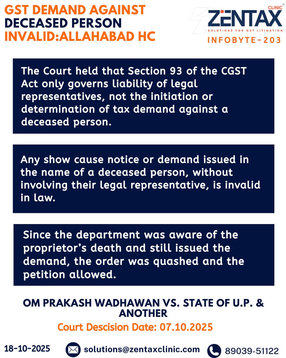 ZENTAXCLINIC1's tweet photo. Zen Tax Infobyte 203! 

📢GST Demand Against Deceased Person Invalid:Allahabad HC⁉️

Follow us for Regular Updates👇
WhatsApp: https://t.co/5A3dBNvD2F
YouTube : https://t.co/UIQG4ky5aP
LinkedIn : https://t.co/VWmwTLtN8W https://t.co/NBkUD9qwKo