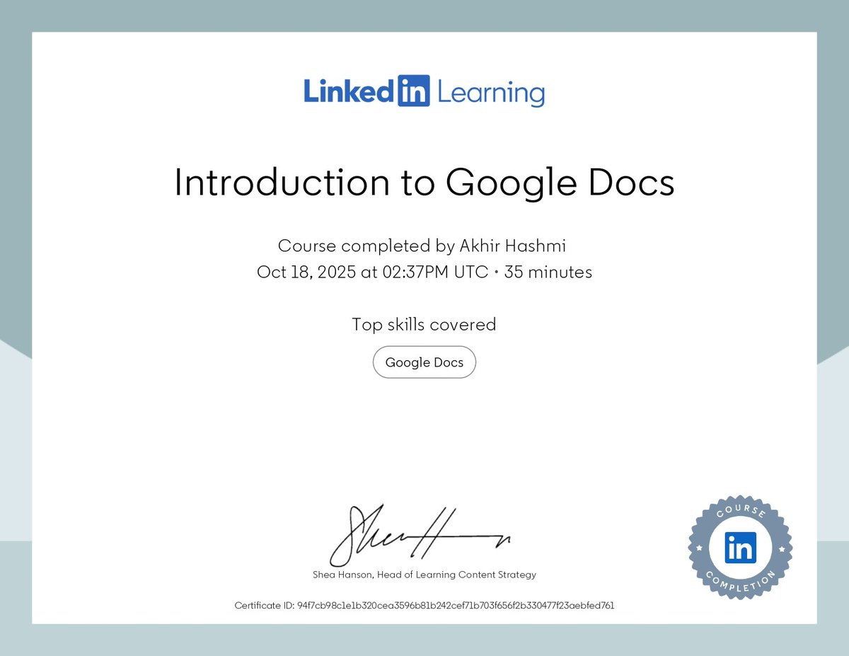 HashmiAakhir's tweet image. 🚀 Certificate in hand, confidence in Google Docs! Shoutout to LinkedIn Learning for the amazing course. 📄🔥

#GoogleDocs #GoogleWorkplace #Google #GoogleCloud #WebDevelopers
