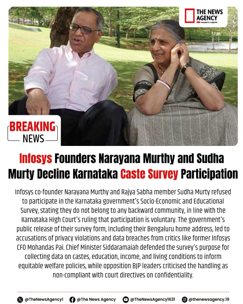 TheNewsAgency1's tweet image. Infosys #Infosys #Narayanmurthy @sudhamurtyfans #CasteCensus #Karnataka