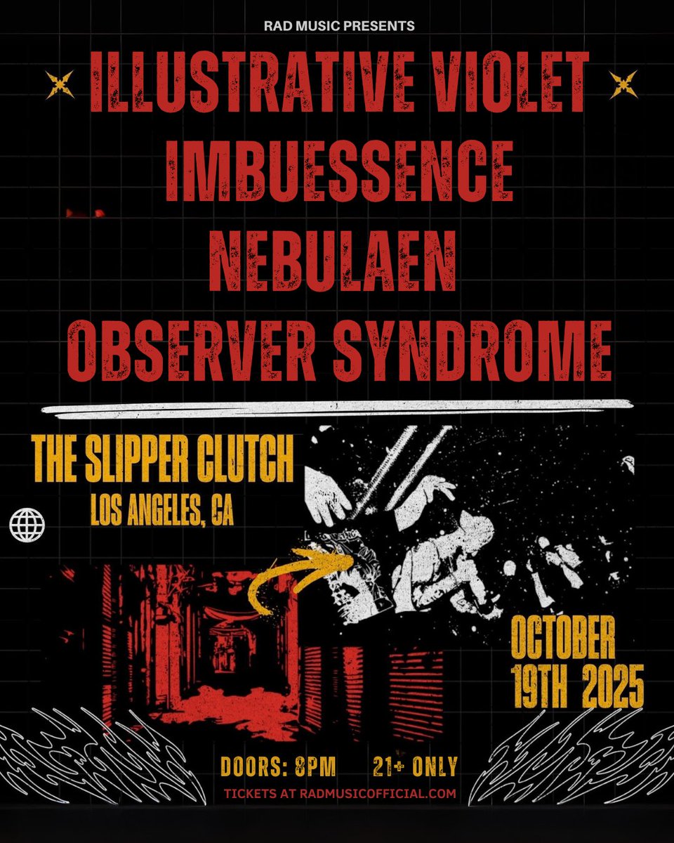 radmusicOF's tweet image. Progressive Psychedelic Math Fusion band Illustrative Violet are taking over Slipper Clutch tomorrow Oct 19th with Imbuessence, Nebulaen and Observer Syndrome!! Get tix in advance: eventbrite.com/e/illustrative…
#LA #losangeles #prog #progmetal #progrock #rock #metal #alt #alternative