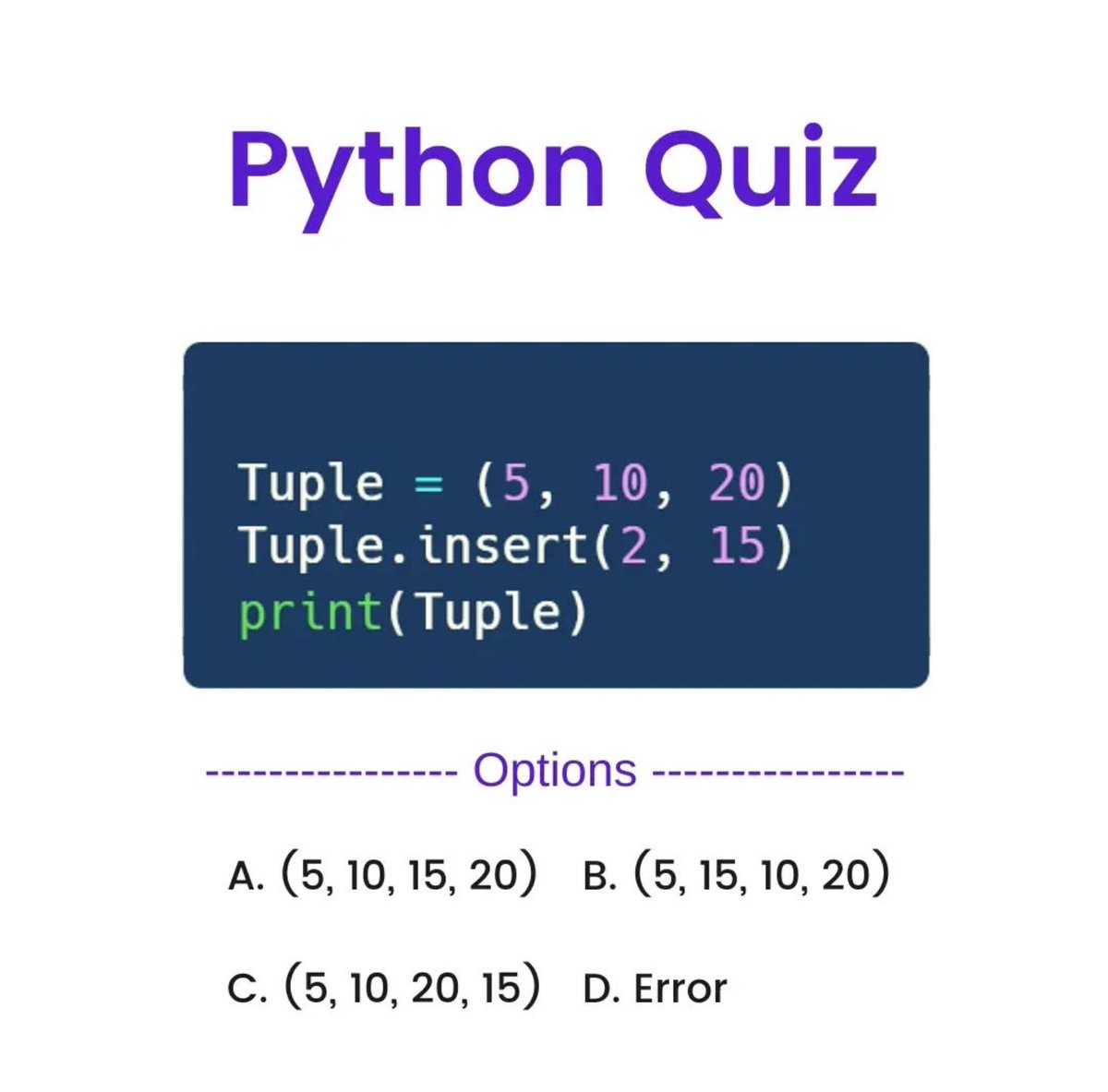Python_Dv's tweet image. Python Question / Quiz;
What is the output of the following Python code, and why? 🤔🚀 Comment your answers below! 👇
#python #programming #developer #programmer #coding #coder #softwaredeveloper #computerscience #webdev #webdeveloper #webdevelopment #pythonprogramming…