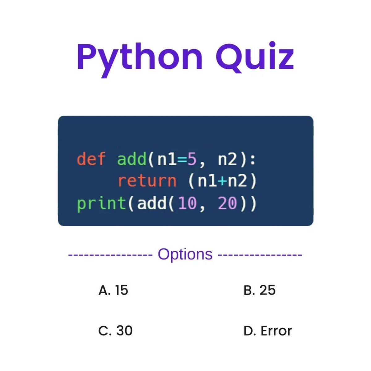 Python_Dv's tweet image. Python Question / Quiz;
What is the output of the following Python code, and why? 🤔🚀 Comment your answers below! 👇
#python #programming #developer #programmer #coding #coder #softwaredeveloper #computerscience #webdev #webdeveloper #webdevelopment #pythonprogramming…