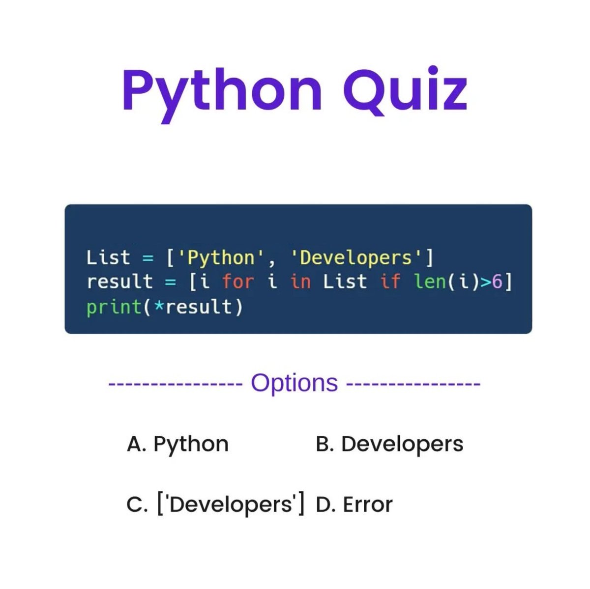 Python_Dv's tweet image. Python Question / Quiz;
What is the output of the following Python code, and why? 🤔🚀 Comment your answers below! 👇
#python #programming #developer #programmer #coding #coder #softwaredeveloper #computerscience #webdev #webdeveloper #webdevelopment #pythonprogramming…