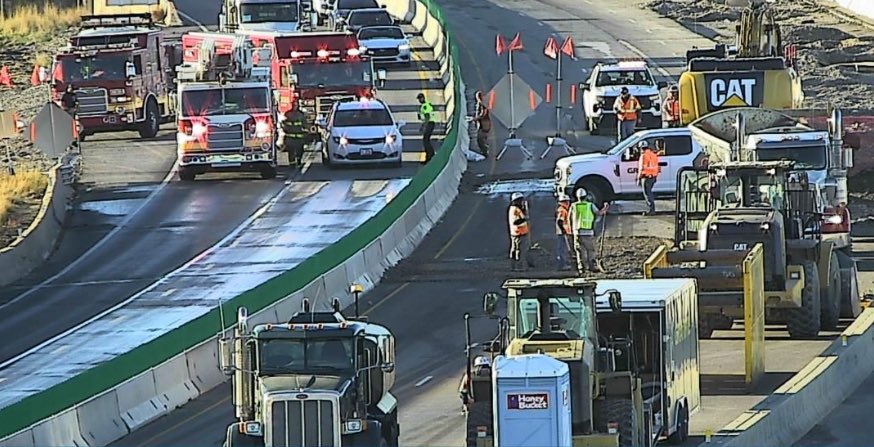 SLCScanner's tweet photo. #Hazmat Incident at I-215 W NB/I-80 Interchange. #UHP and #SLCFD responded to a collision involving an excavator and a fuel truck. Approximately 90–100 gallons of fuel spilled. Fire crews are on scene conducting cleanup operations. No injuries were reported. https://t.co/rexhSOEKF2