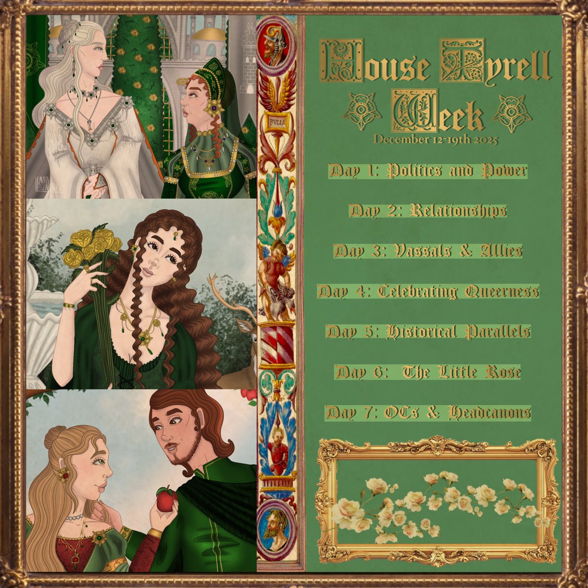 highgardenart's tweet photo. introducing, #housetyrellweek2025 🏵️

december 12-19th: all types of content welcome— art, edits, aesthetics, fics and more! https://t.co/wUM34Uay1H