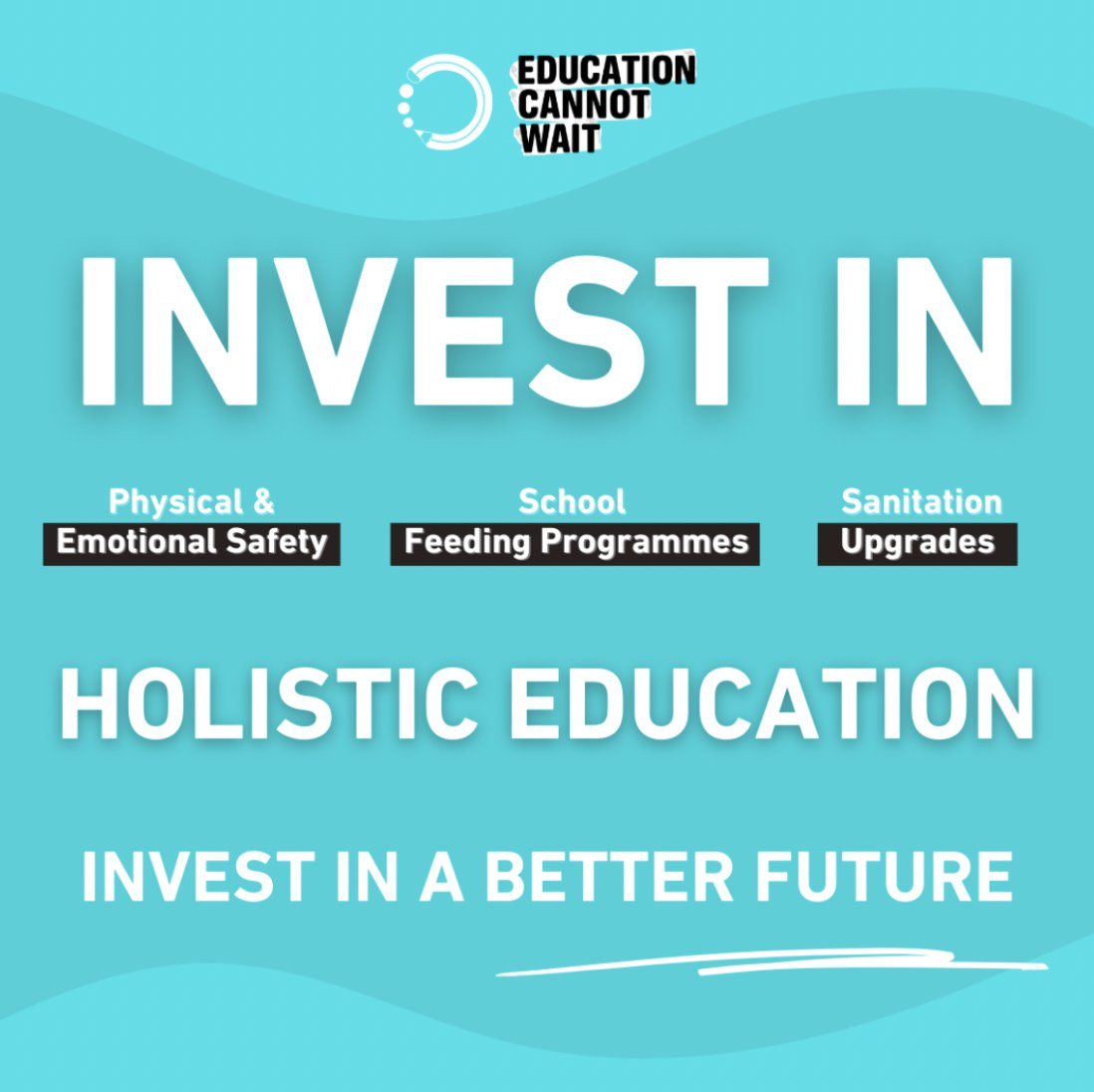 #ECW’s #HolisticEducation approach supports:

🏫Access to quality, inclusive learning environments
🍲School feeding programmes
🫶Physical &amp; mental safety
🚪Disability inclusion
🚰Construction of water/sanitation facilities

#FundEducation, invest in a better future!