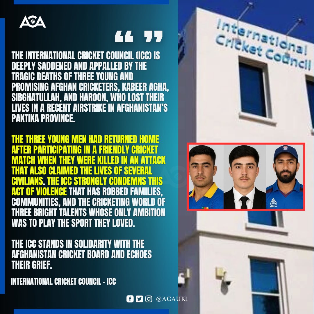 AfghanCricket_A's tweet photo. ICC statement on the tragic loss of young aspiring Afghan cricketers in Pakistani airstrikes in Paktika province last night 👇🏼

#AFGvPAK #ACA https://t.co/nQULMkJqh9