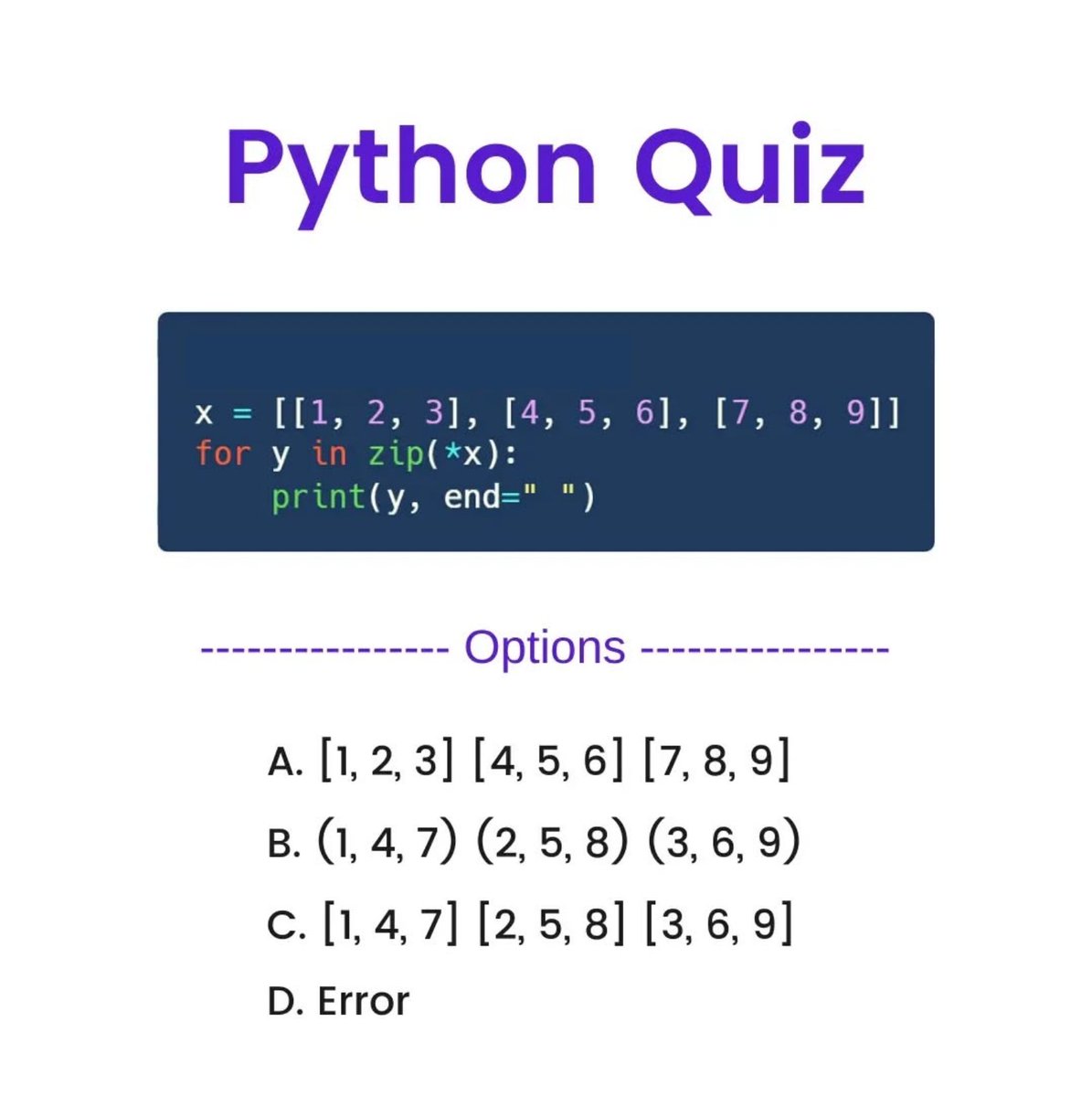 Python_Dv's tweet image. Python Question / Quiz;
What is the output of the following Python code, and why? 🤔🚀 Comment your answers below! 👇
#python #programming #developer #programmer #coding #coder #softwaredeveloper #computerscience #webdev #webdeveloper #webdevelopment #pythonprogramming…