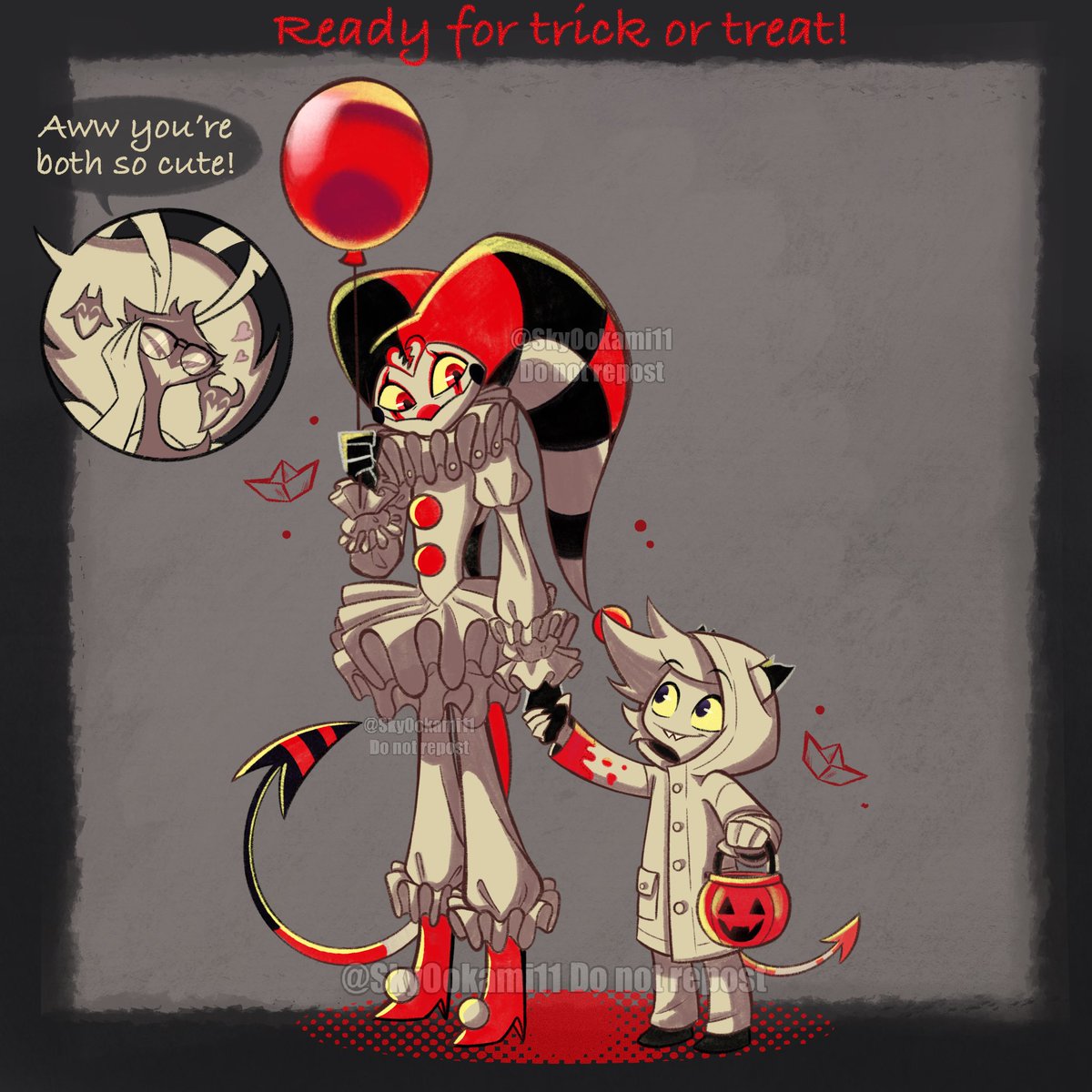 Matching costumes for Halloween! 🎃 👻🤡🎈

(This might be both cute and diabolical, but I’ve seen matching cosplays like this in real life and they always made me smile despite being spooky 😅🤭) 

#HelluvaBoss #HelluvaBossFanart #HelluvaBossFizzarolli