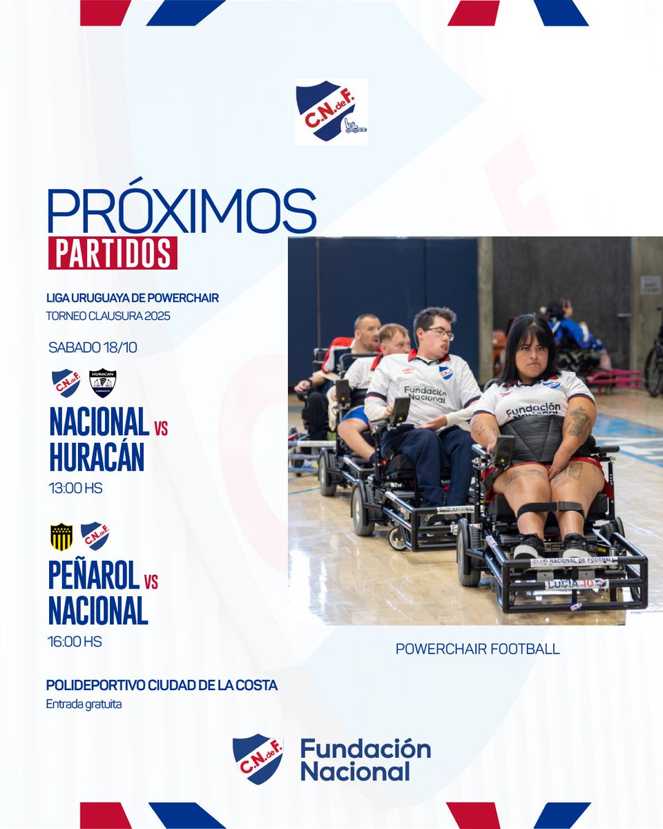 ⚽️ Powerchair Football: próximos partidos 🔵⚪️🔴

Este sábado 18 de octubre, Nacional vuelve a la cancha por la Liga Uruguaya de Powerchair – Torneo Clausura 2025 💪🏻

🎟️ Entrada gratuita — ¡vení a alentar al Bolso!