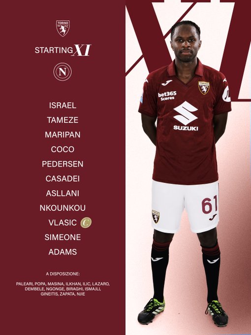 Graphic displays Torino Football Clubs starting XI lineup in a vertical format with burgundy and white color scheme. Top section shows team crest and title Starting XI. Player images in maroon jerseys with sponsor logos including Bet365 and Suzuki positioned alongside names and positions: Israel in goal, defenders Tamèze Maripan and Schuurs, midfielders Casadei and Kouadio Konè, attackers Vlasic and Sanabria. Bottom features forward Duvan Zapata wearing jersey number 91 with shorts and socks. Watermarks from bet365 and Nike visible on elements.