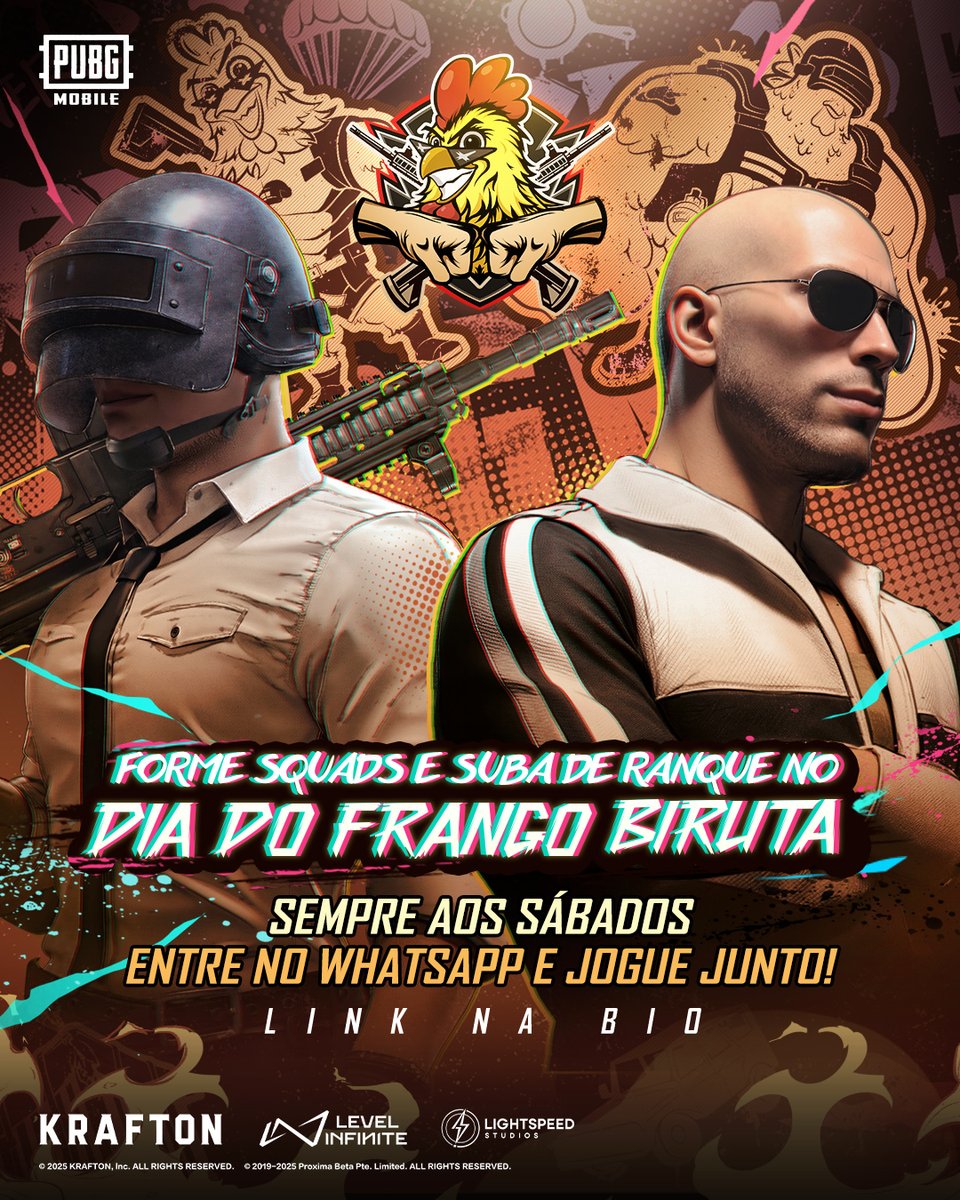 brPUBGMOBILE's tweet photo. Todo sábado é DIA DO FRANGO BIRUTA no PUBG Mobile! 🐔
Prepare-se para subir de rank e ganhar recompensas incríveis! 🚀
Acesse agora o nosso WhatsApp, chame seu squad ou encontre outros players e não deixe o frango escapar! Link na bio! 💪
#PUBGMOBILEBR https://t.co/SdYinyFxFK