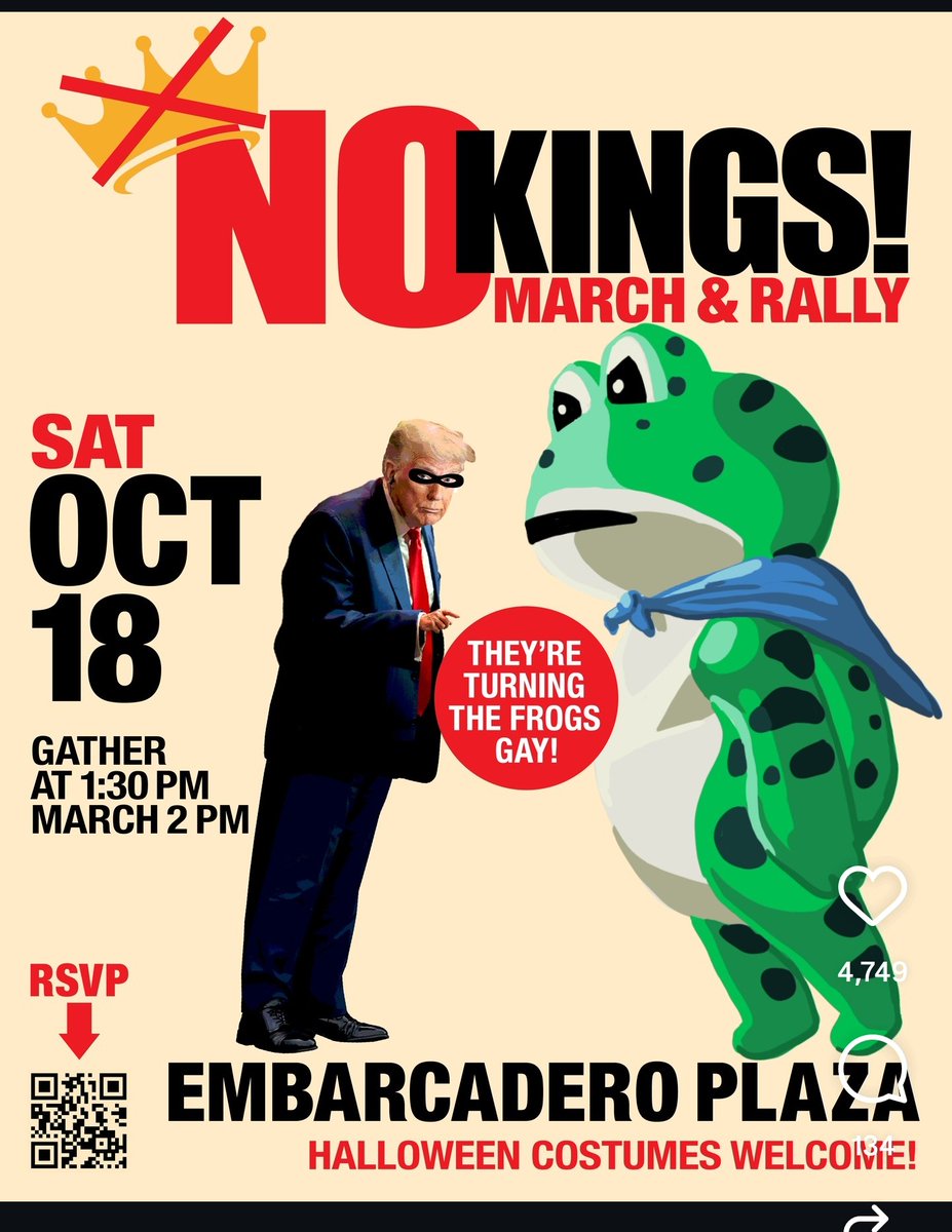 bramgoodwin's tweet photo. 🚨CITIZENS OF SAN FRANCISCO 🌉… today 📢, NO KINGS MARCH &amp; Rally. march, assemble at Sue Bierman Park, near Ferry Building at 1:30pm, March at 2pm. join us in front of SF City Hall around 3:30pm for rally. Important we raise our fists ✊ in protest of this fascist regime.🌉☮️✊ https://t.co/zK58exqeHW